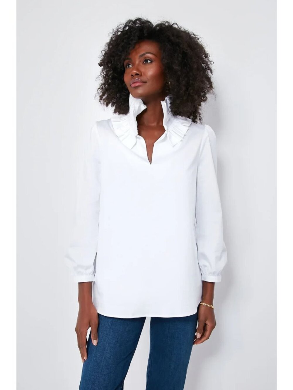 Tuckernuck White Stretch Poplin Ruffle Neck Bouvier Blouse Career Top sz XS